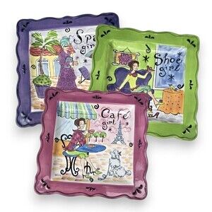 Jennifer Brinley Cafe Shoe Spa Girl Plates 9" Certified International Set of 3